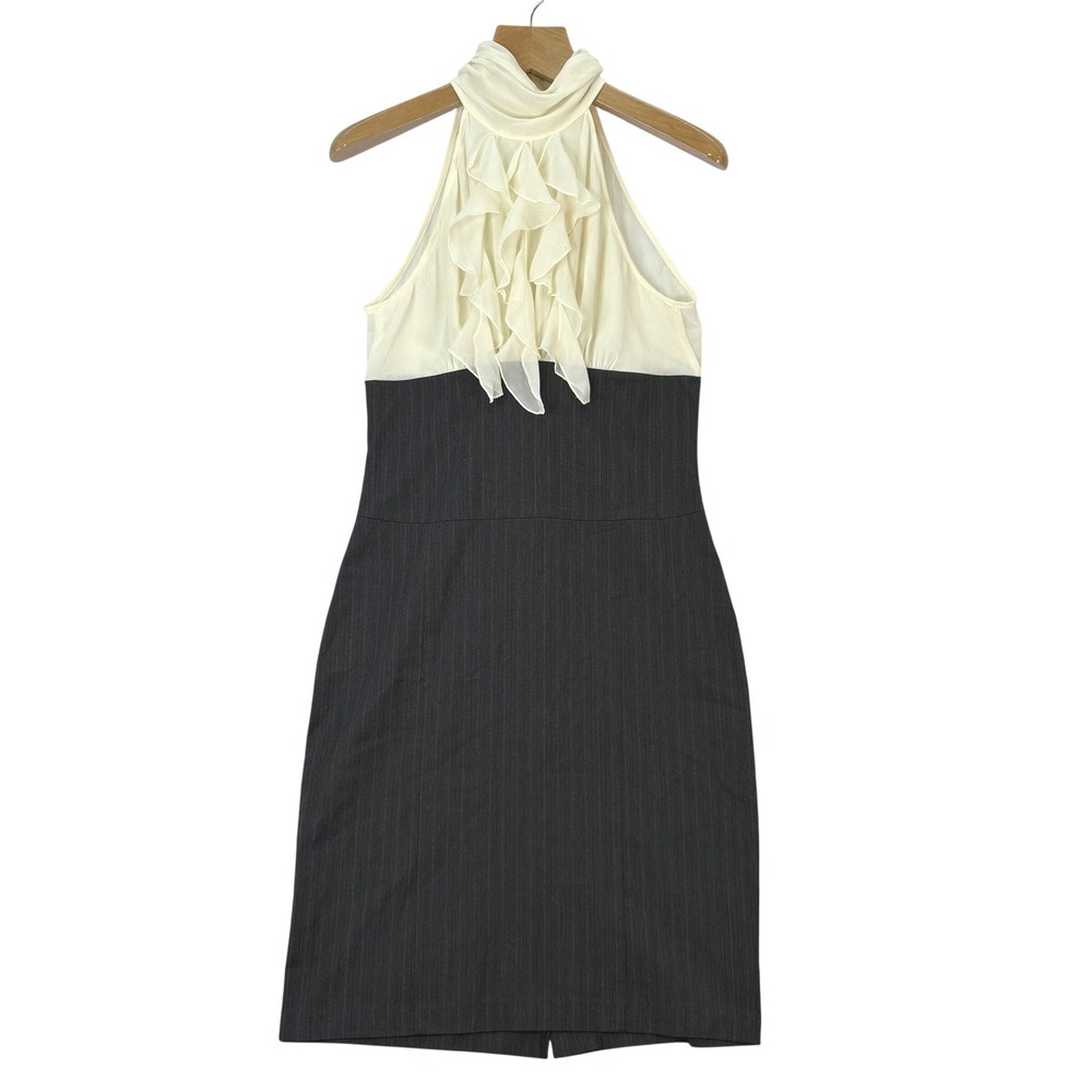 Sheike Black Pinstripe Ruffle Halter Neck Dress Womens Sz 14 Cocktail Career